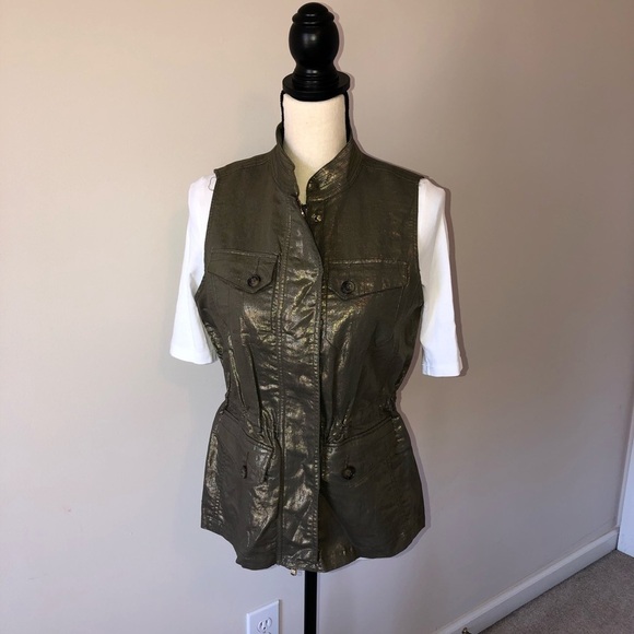 Metallic Foiled Linen Utility Cargo Vest Olive Green Gold Size 0 Small 4 - Picture 8 of 10